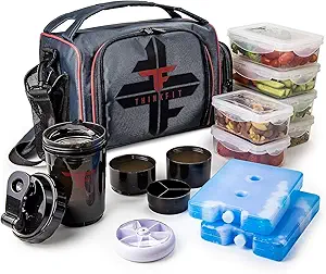 ThinkFit Red Reusable Lunch Bag with Portion Control Containers, Ice Packs, Pill Box, and Shoulder Strap